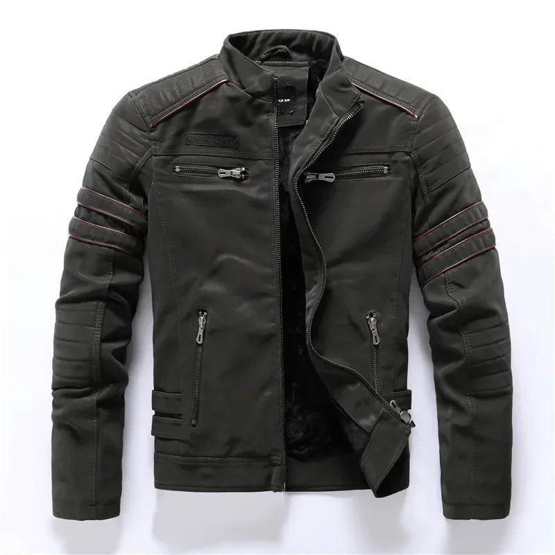 Winter Leather Jacket Fleece Warm Causal Motorcycle Embroidery PU Coats