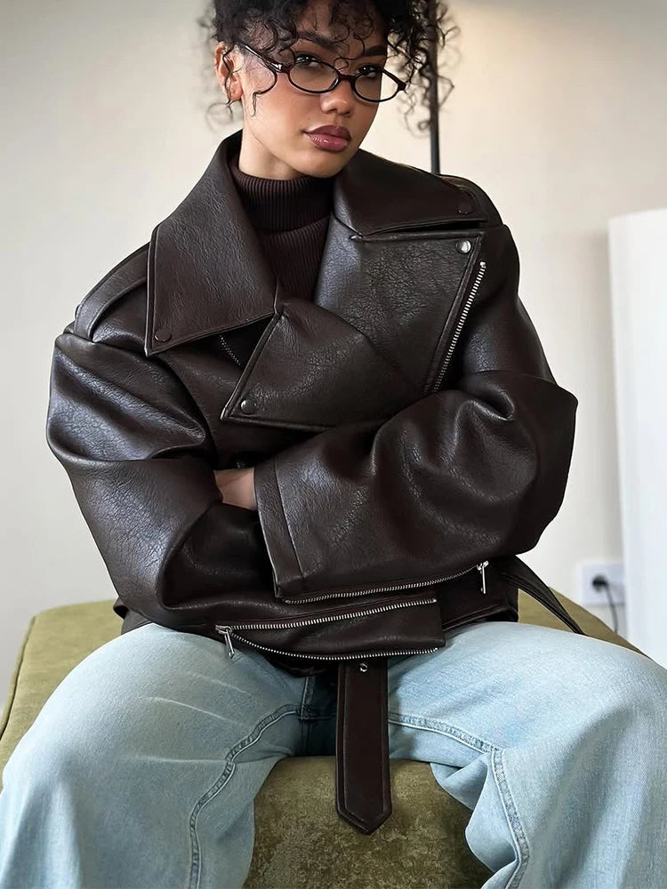 Casual Dark Red Zipper Leather Short Jackets Women Coat Lady