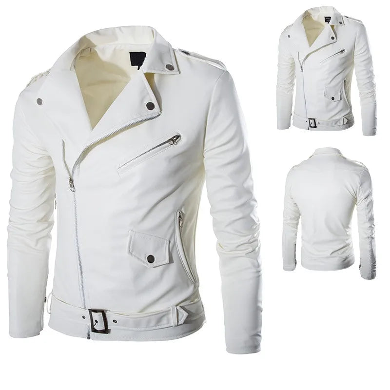 Men's synthetic leather jacket, lapel blazer, diagonal zipper
