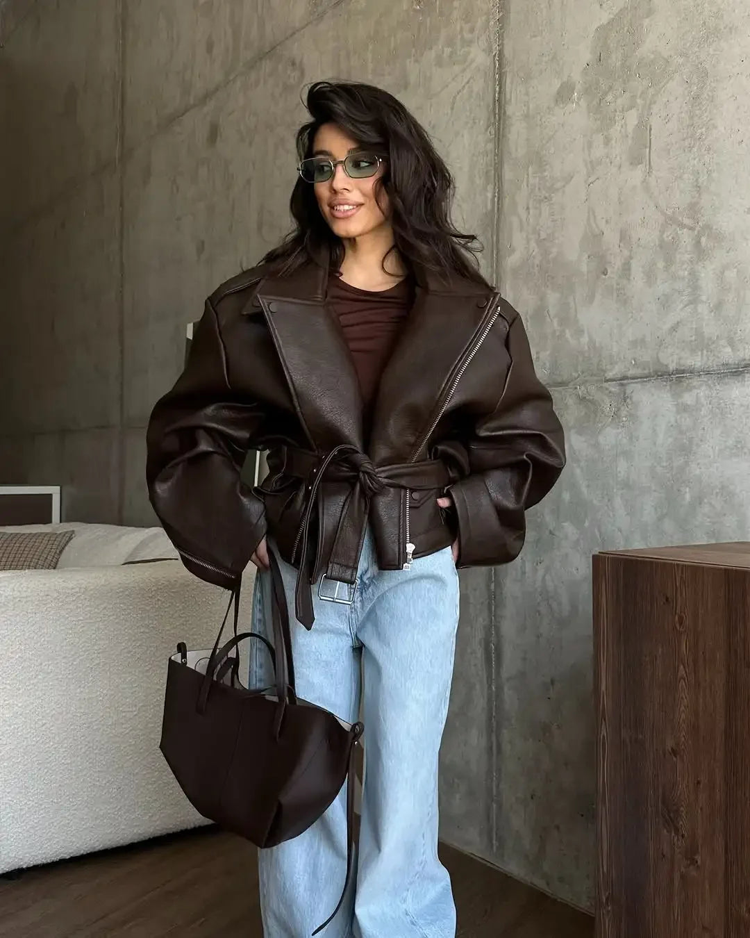 Casual Dark Red Zipper Leather Short Jackets Women Coat Lady