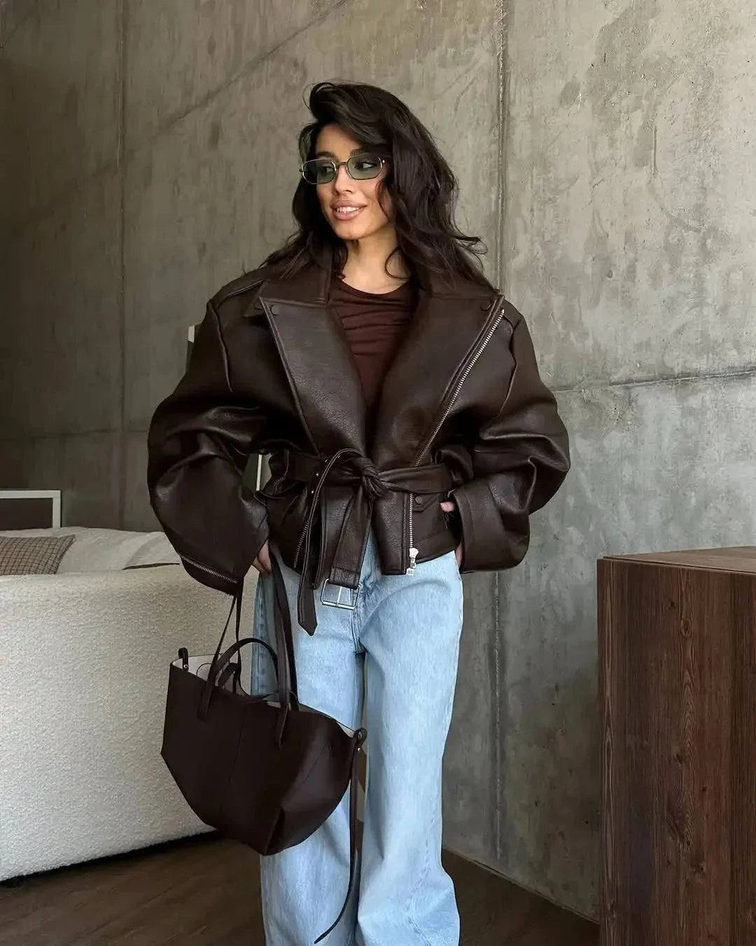 Casual Dark Red Zipper Leather Short Jacket Women  - Race Blaze