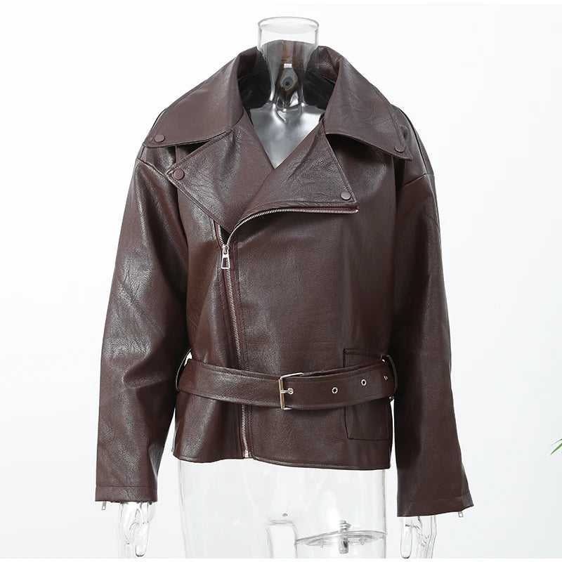 Casual Dark Red Zipper Leather Short Jackets Women Coat Lady
