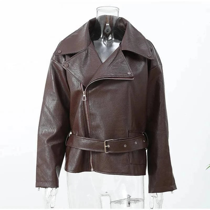 Casual Dark Red Zipper Leather Short Jacket Women  - Race Blaze