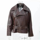 Casual Dark Red Zipper Leather Short Jacket Women  - Race Blaze