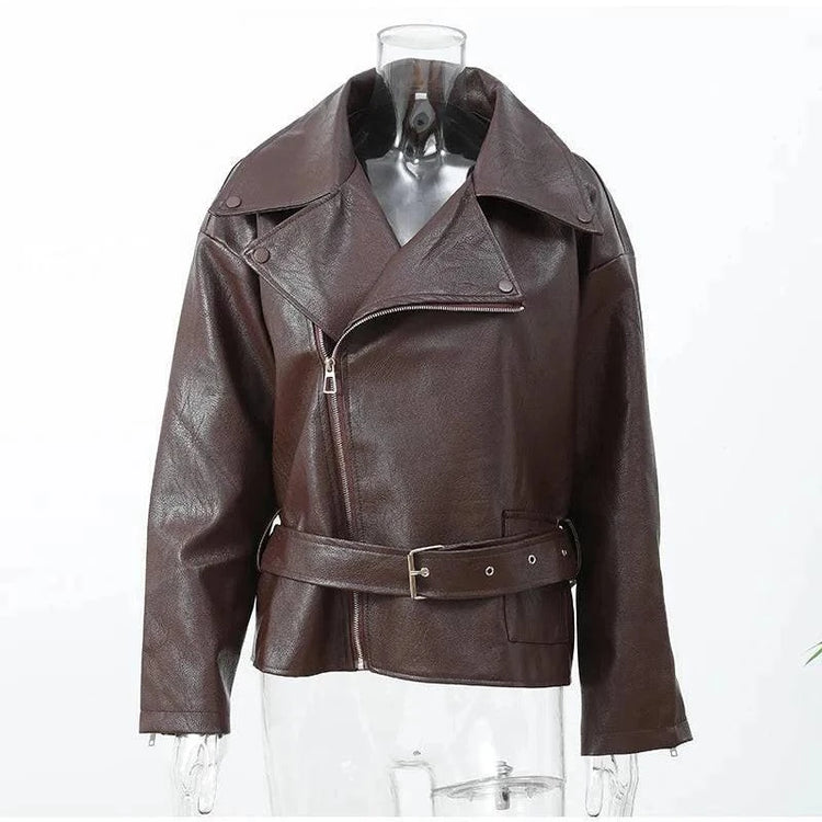 Casual Dark Red Zipper Leather Short Jacket Women  - Race Blaze