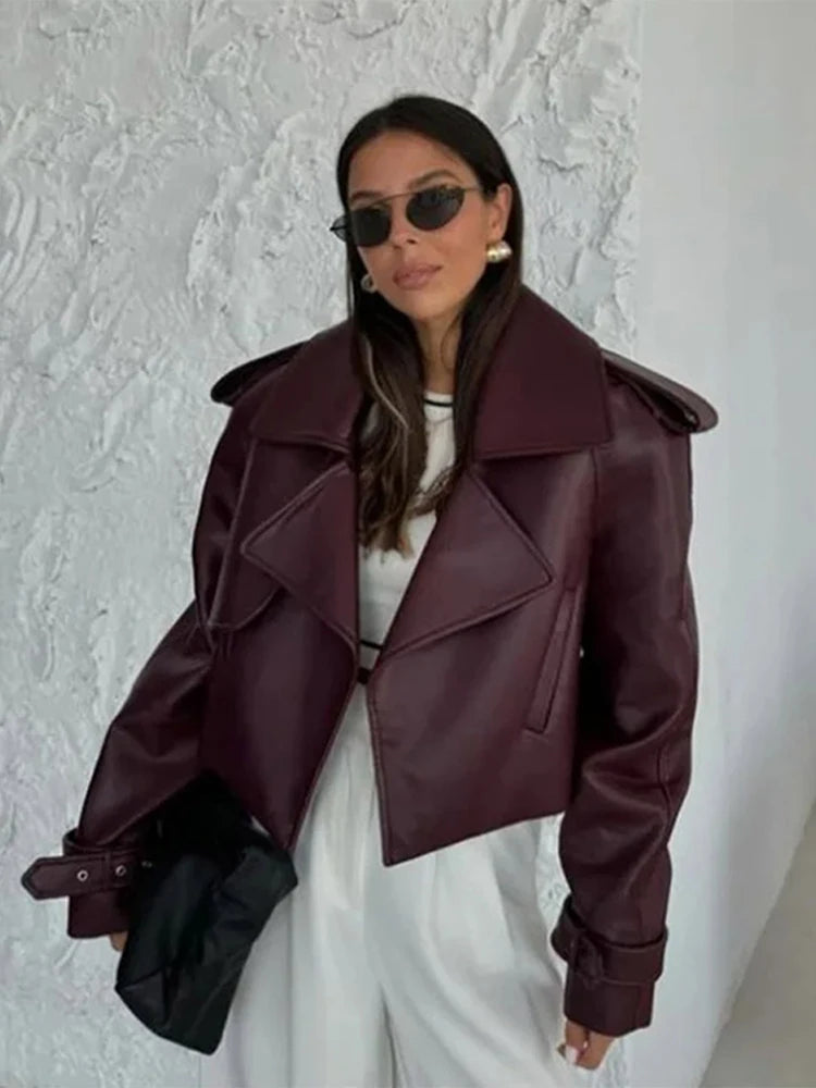 Vintage Leather Jacket Women Single Breasted Short Brown Side - Race Blaze