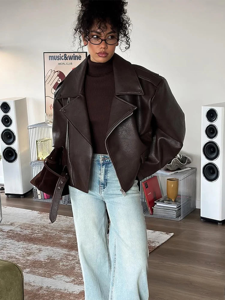 Casual Dark Red Zipper Leather Short Jackets Women Coat Lady