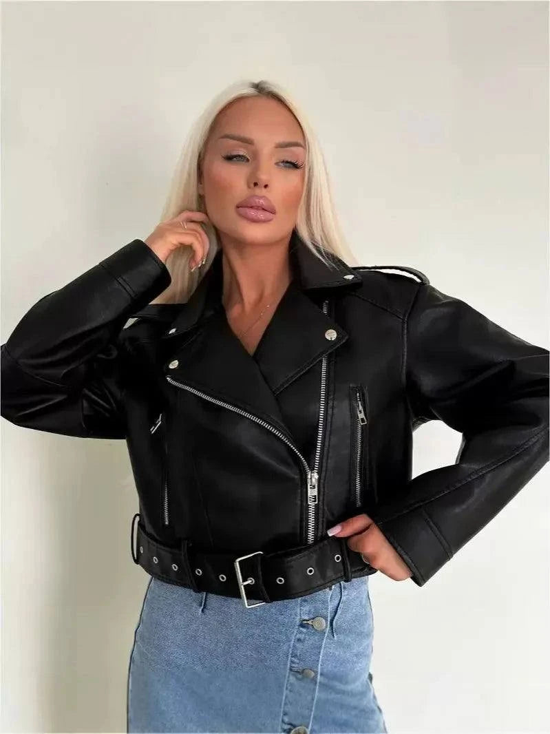 Women Oversized Vintage Loose Faux Leather Short Jacket Outdoor - Race Blaze