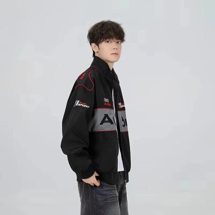 High Quality Embroidered Motorcycle Racing Jacket On Model Side - Race Blaze