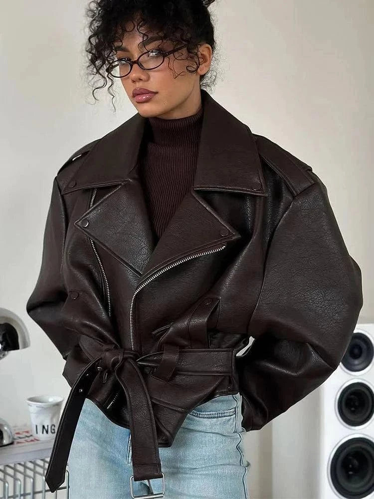 Casual Dark Red Zipper Leather Short Jacket Women Side Dark - Race Blaze