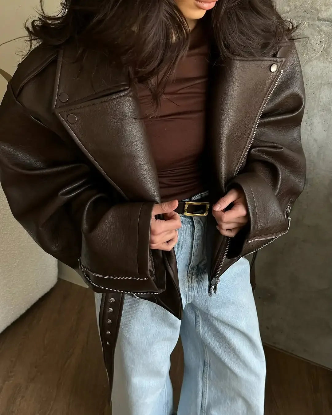 Casual Dark Red Zipper Leather Short Jackets Women Coat Lady