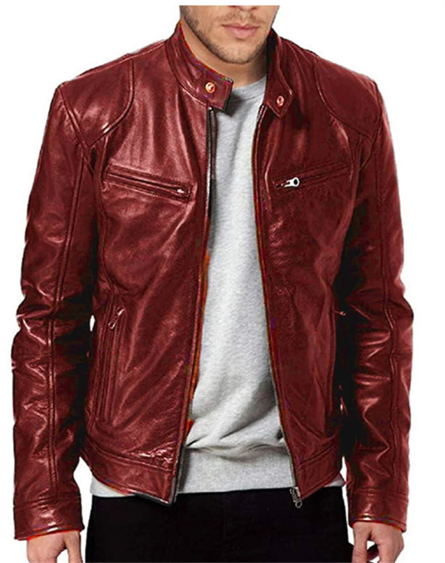 New Leather Motorcycle Jacket Men Slim Fit Stand Collar PU Coats