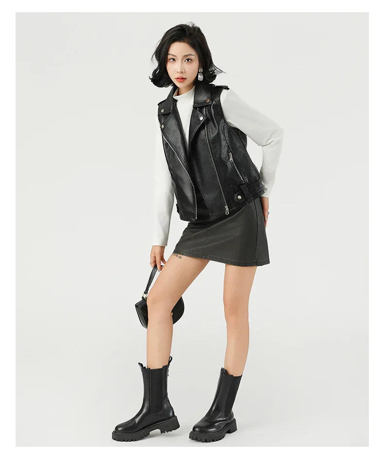 Fashion suit lapel leather vest women's versatile motorcycle jacket