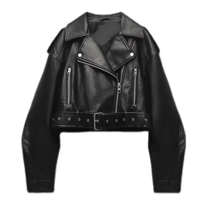 Women Oversized Vintage Loose Faux Leather Short Jacket Black Flat - Race Blaze
