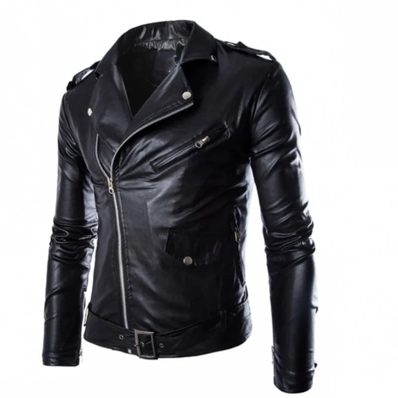 Men's synthetic leather jacket, lapel blazer, diagonal zipper