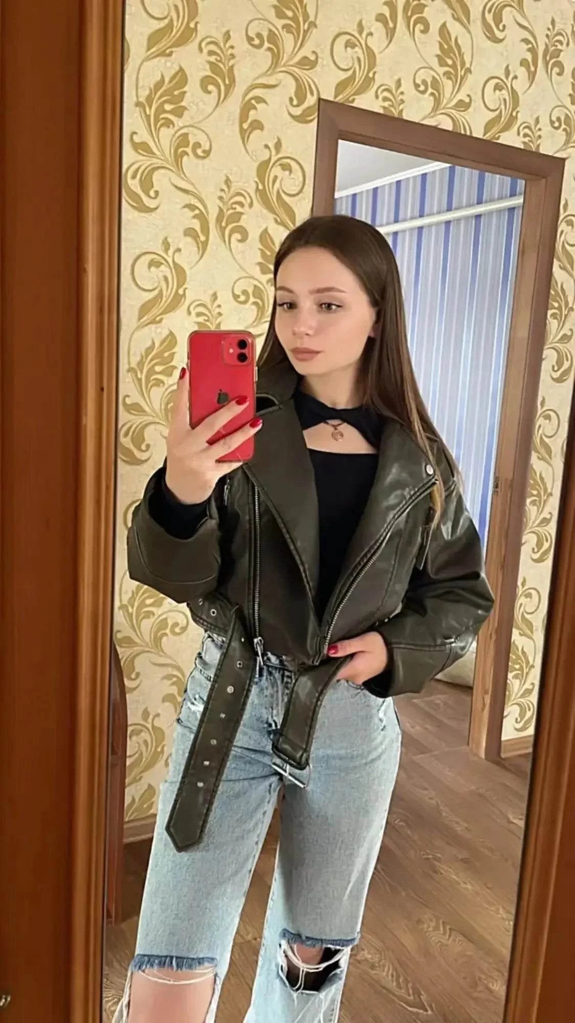Women Oversized Vintage Loose Faux Leather Short Jacket Black Flat - Race Blaze