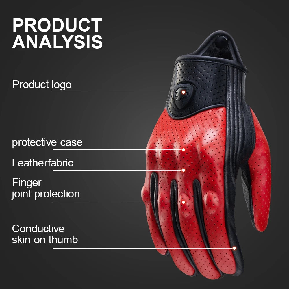 Retro Red Leather Motorcycle Gloves Breathable Racing Gloves