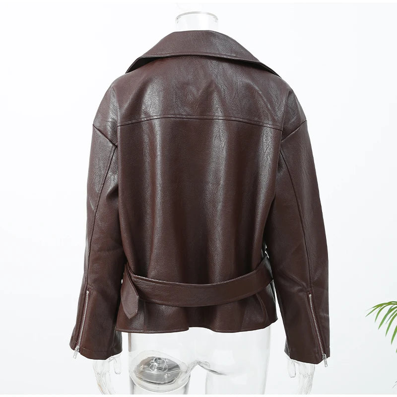 Casual Dark Red Zipper Leather Short Jackets Women Coat Lady