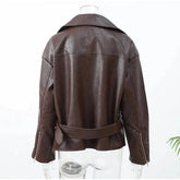 Casual Dark Red Zipper Leather Short Jacket Women  - Race Blaze
