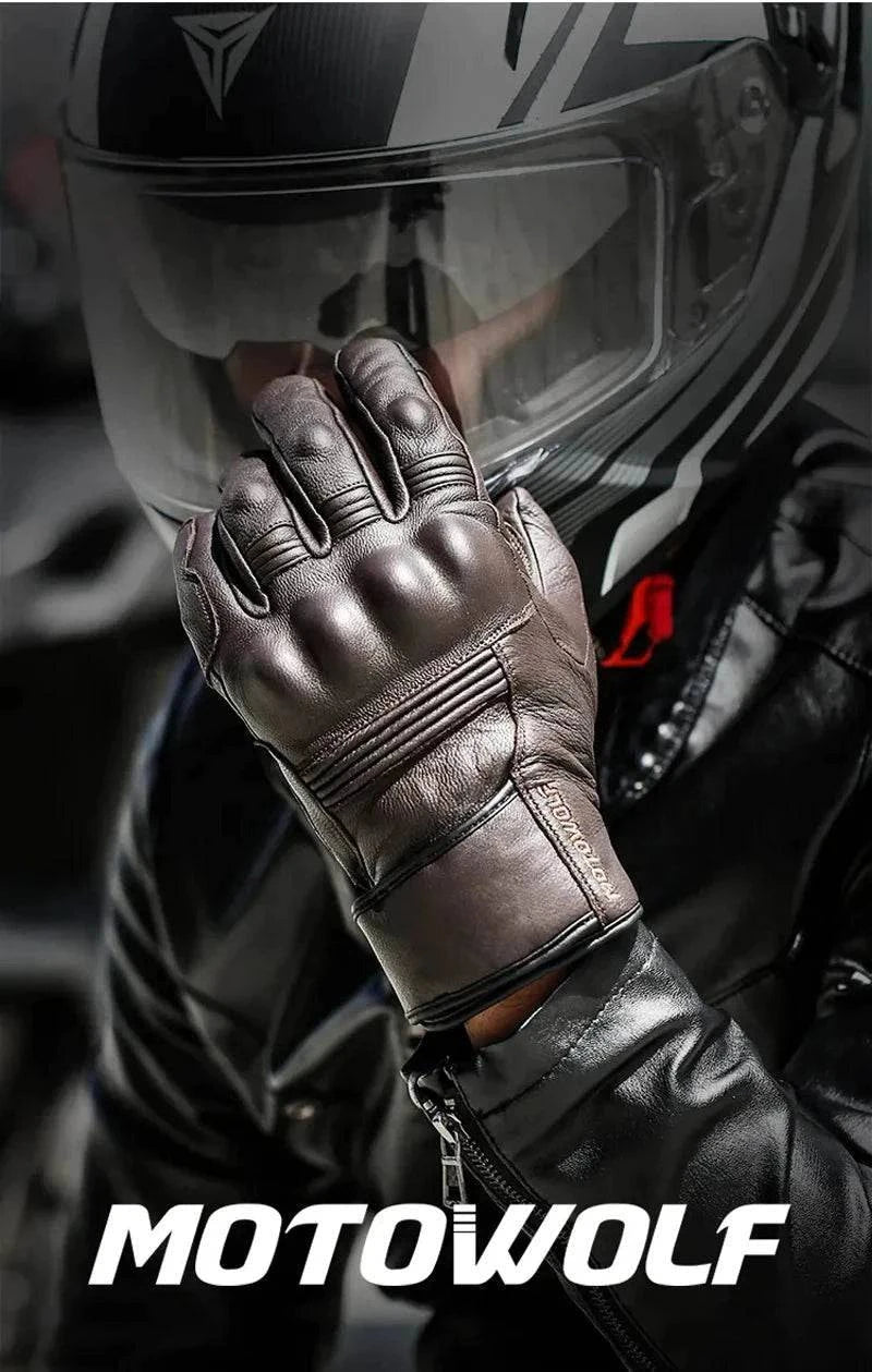 Motorcycle Gloves Winter Waterproof Leather Touchscreen Black - Race Blaze