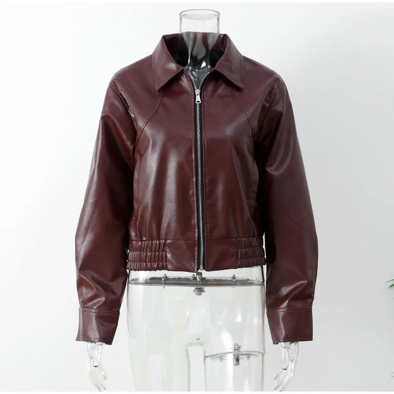 Casual Dark Red Zipper Leather Short Jackets Women Coat Lady