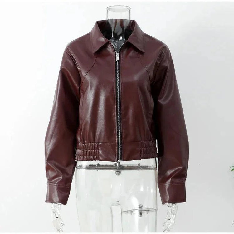 Casual Dark Red Zipper Leather Short Jacket Women  - Race Blaze