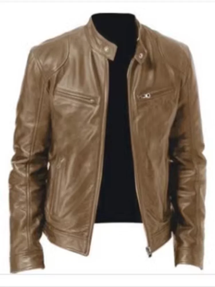 Fashion Mens Leather Jacket Slim Fit Stand Collar PU Jacket Male