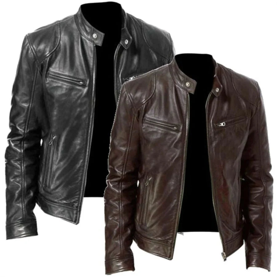 New Leather Motorcycle Jacket Men Slim Fit Stand Collar PU Coats