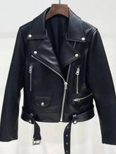 Women wearing autumn faux PU leather jacket with lapel collar and casual style