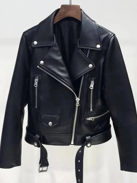 Women wearing autumn faux PU leather jacket with lapel collar and casual style