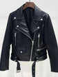 Women wearing autumn faux PU leather jacket with lapel collar and casual style