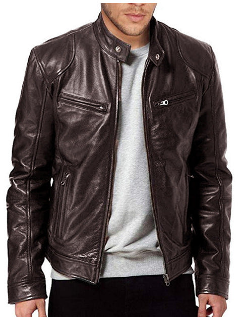 Fashion Mens Leather Jacket Slim Fit Stand Collar PU Jacket Male