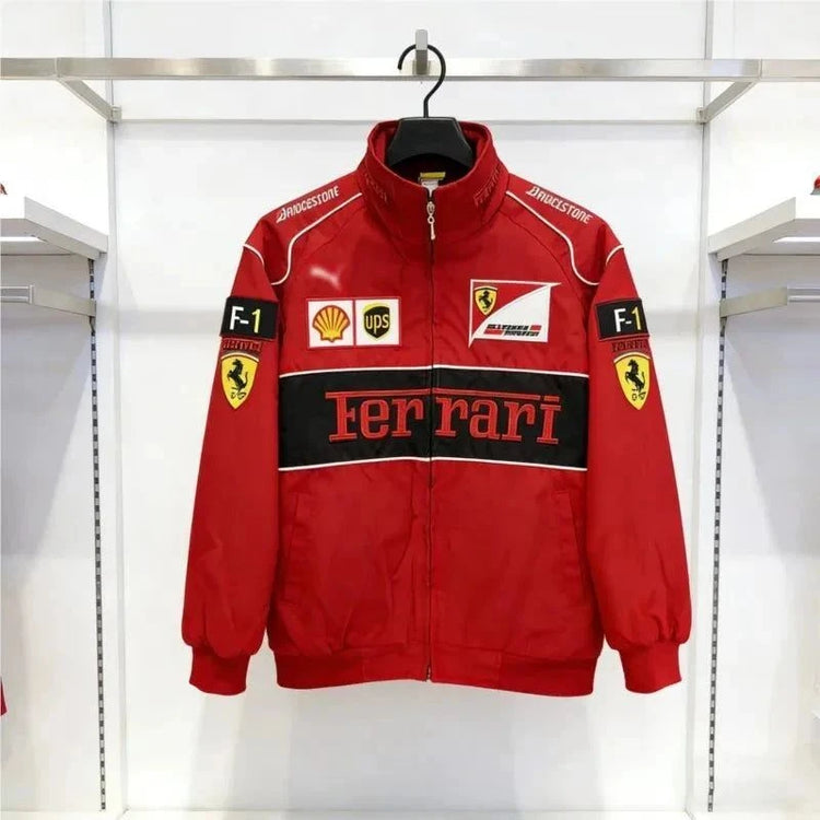Embroidered F1 Racing Suit Casual Jacket Red On Model - Race Blaze