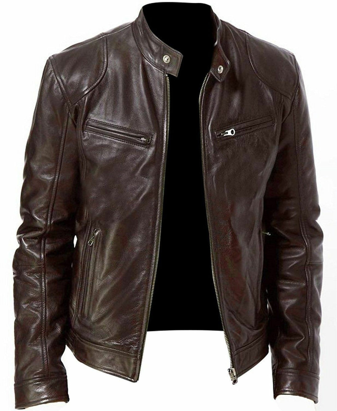 Fashion Mens Leather Jacket Slim Fit Stand Collar PU Jacket Male