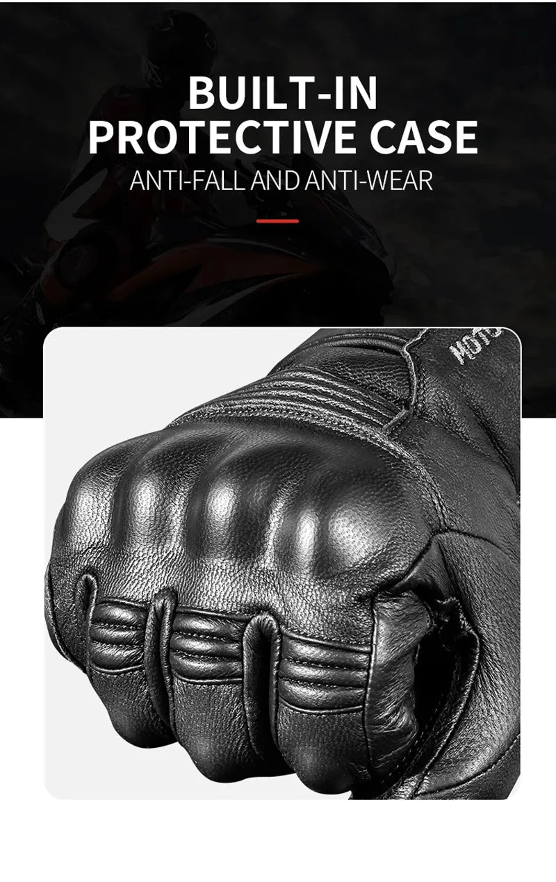 Motorcycle Gloves Winter Waterproof Leather Touchscreen Black - Race Blaze
