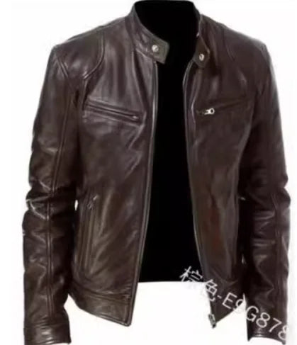 Fashion Mens Leather Jacket Slim Fit Stand Collar PU Jacket Male