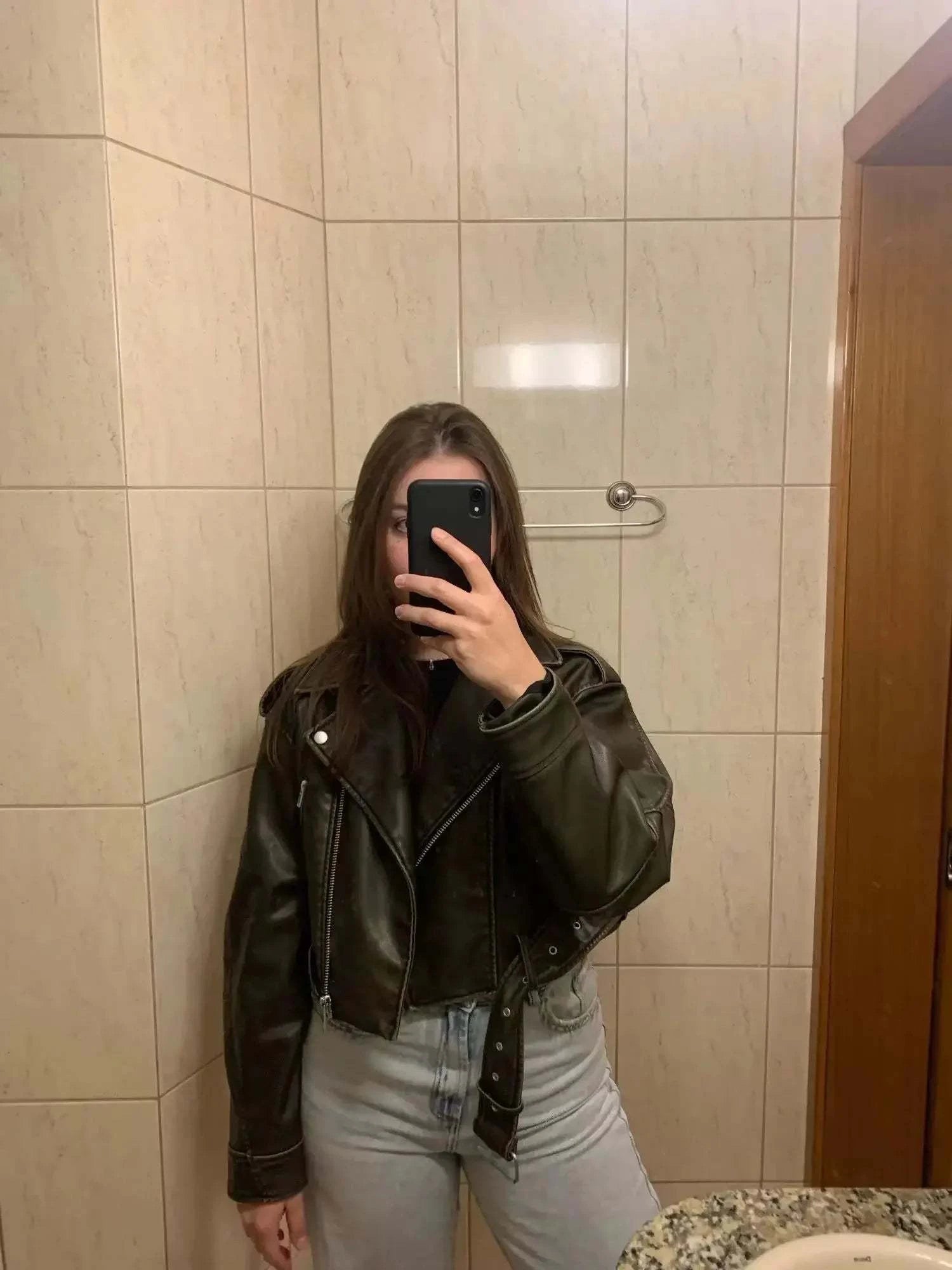 Women Oversized Vintage Loose Faux Leather Short Jacket Black Flat - Race Blaze