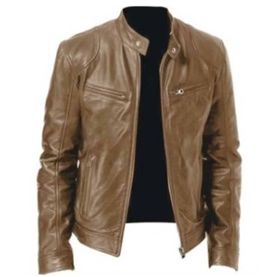 New Leather Motorcycle Jacket Men Slim Fit Stand Collar PU Coats