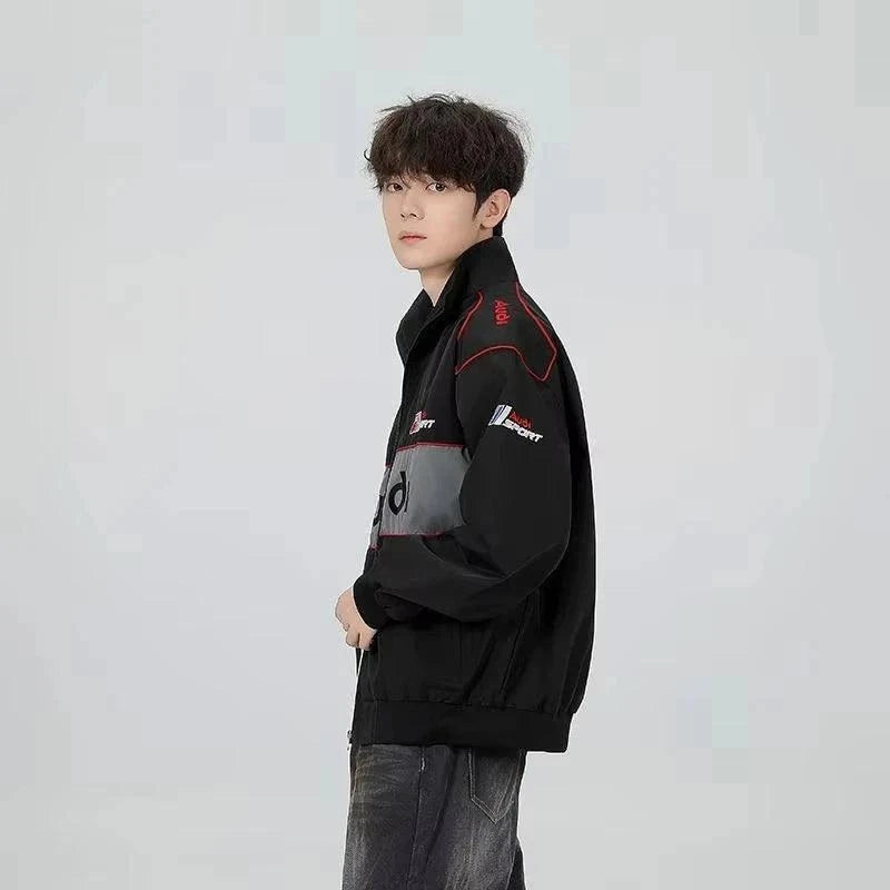 High Quality Embroidered Motorcycle Racing Jacket On Model Front - Race Blaze