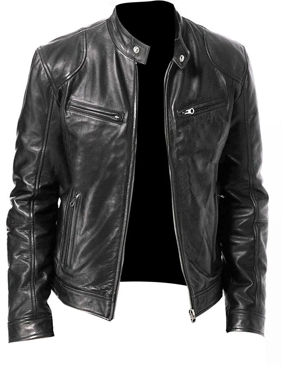 New Leather Motorcycle Jacket Men Slim Fit Stand Collar PU Coats