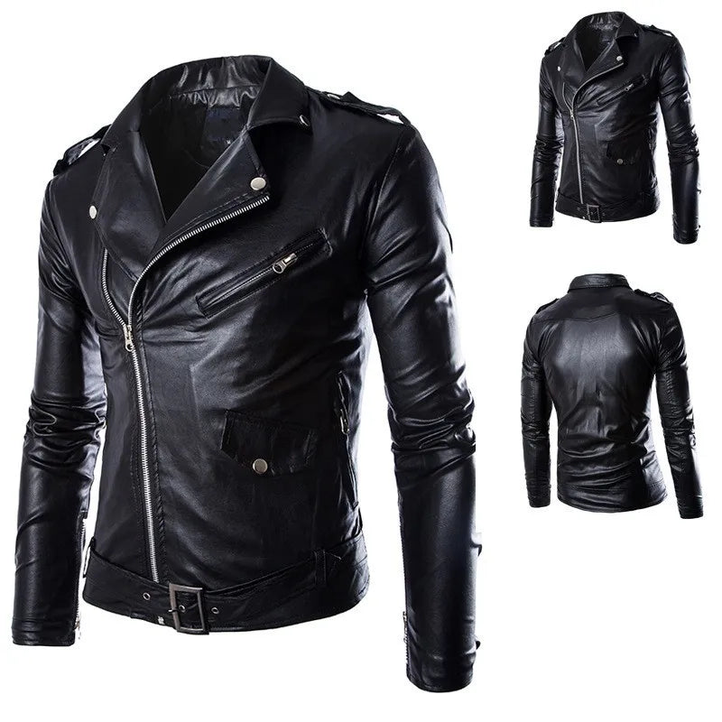 Men's synthetic leather jacket, lapel blazer, diagonal zipper