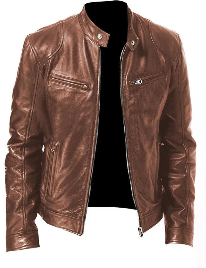 New Leather Motorcycle Jacket Men Slim Fit Stand Collar PU Coats