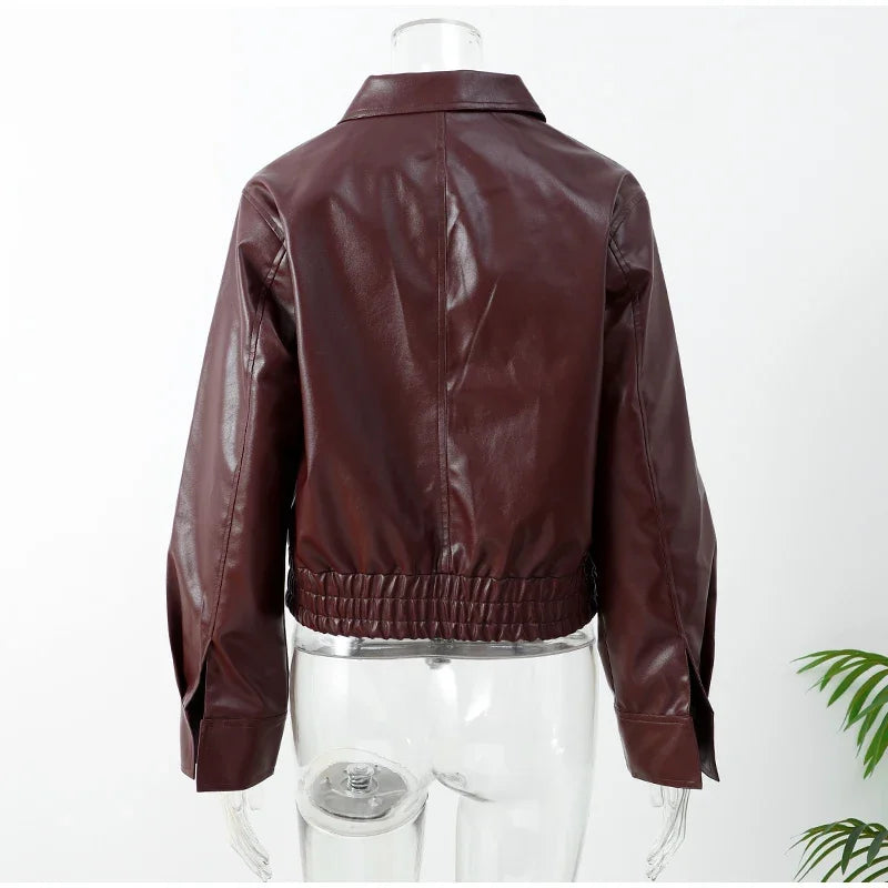 Casual Dark Red Zipper Leather Short Jackets Women Coat Lady