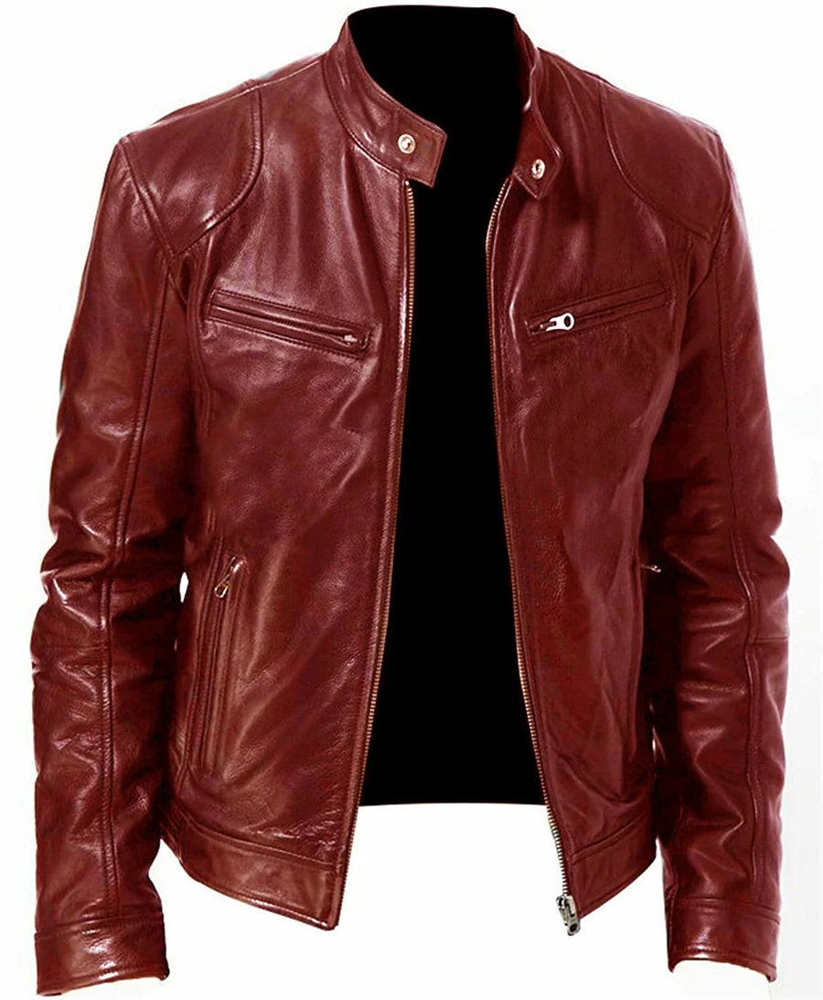 New Leather Motorcycle Jacket Men Slim Fit Stand Collar PU Coats