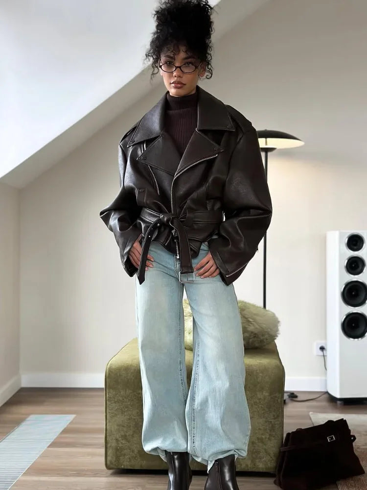 Casual Dark Red Zipper Leather Short Jackets Women Coat Lady