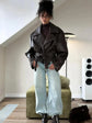 Casual Dark Red Zipper Leather Short Jacket Women Back - Race Blaze