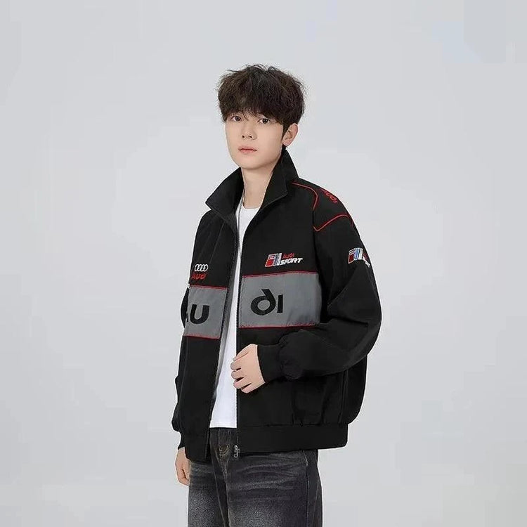 High Quality Embroidered Motorcycle Racing Jacket On Model Full - Race Blaze
