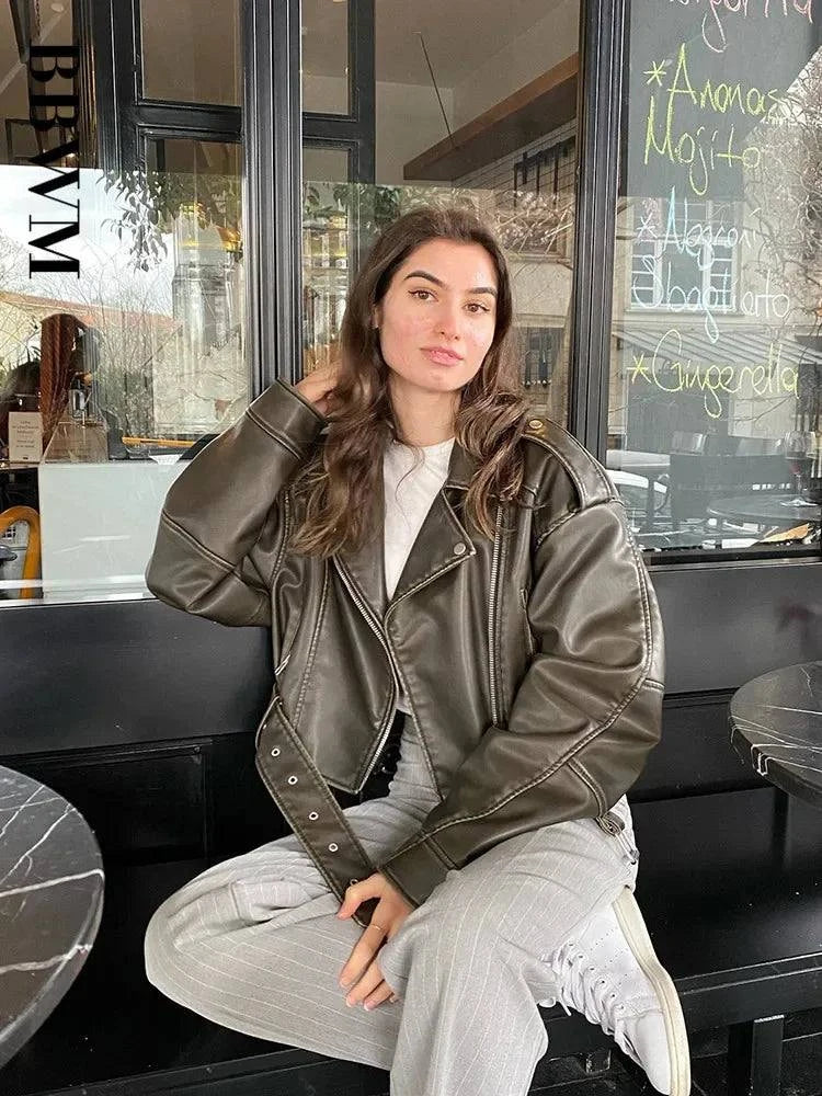 Women Oversized Vintage Loose Faux Leather Short Jacket Dark Hair Model - Race Blaze