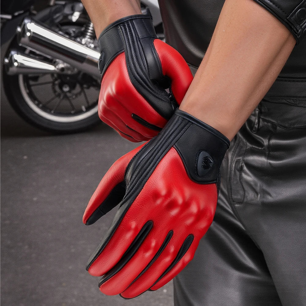 Retro Red Leather Motorcycle Gloves Breathable Racing Gloves