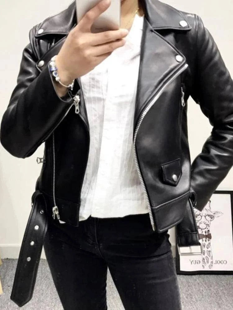Autumn Women Faux PU Leather Jacket Casual Lapel Coat Dark Shot - Race Blaze
